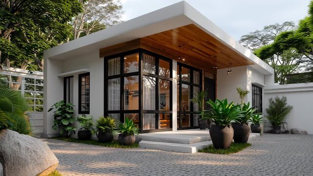 Modern architectural design of a stylish house exterior showcasing large glass windows, wooden accents, and lush greenery in planters, highlighting the inviting entrance and contemporary aesthetic app