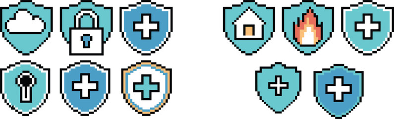 Obraz premium Pixel art shield security icons set, cloud lock health fire home protection badges, retro game ui elements, isolated white background