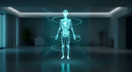 A glowing blue holographic 3D model of the human skeletal and nervous system floating in a modern, darkened medical or research facility.