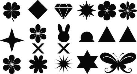 Set of black nature and geometric silhouettes featuring flowers four leaf clovers butterflies rabbits diamonds and star shapes isolated on white background flat vector illustration