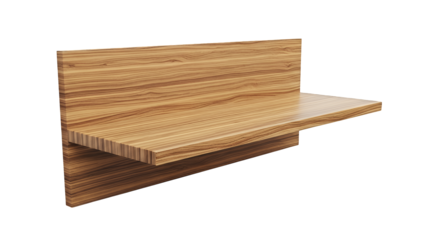 Wooden floating shelf with wooden backboard isolated on transparent background