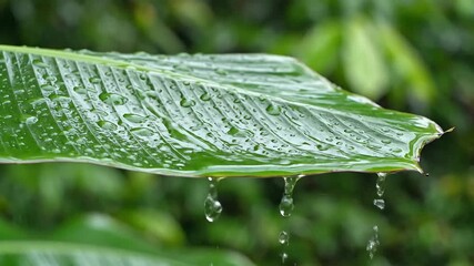 Close up view of vibrant green leaf glistening with fresh water droplets as a gentle splash creates ripples and a large clear globule on its surface symbolizing purity and natural refreshment in a lu.