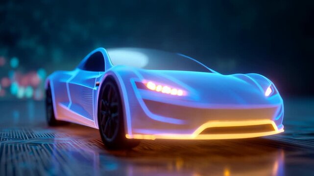 Futuristic electric car concept design with glowing effects and digital elements