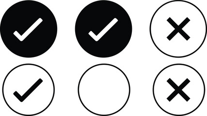 Set of black and white checkmark and cross icons featuring tick and x symbols in circular frames isolated on white background flat vector illustration for voting and choice concepts