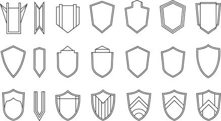 Set of geometric shield outlines and heraldic crest icons featuring various protection and security shapes isolated on white background thin line vector illustration for branding and logos