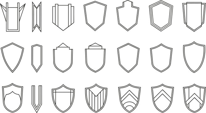 Set of geometric shield outlines and heraldic crest icons featuring various protection and security shapes isolated on white background thin line vector illustration for branding and logos
