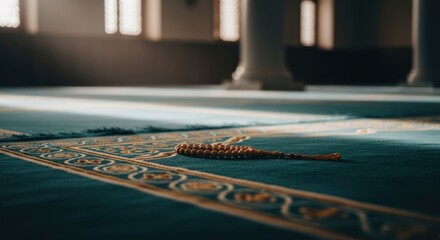 Naklejka premium Prayer beads on a mosque floor, sunlight