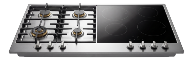 A dual-fuel cooktop with gas and electric elements, perfect for a chef's home kitchen.