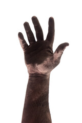 Obraz premium An isolated close-up of a male chimney sweeps hand, covered in black soot, isolated white background