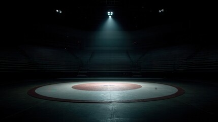 Dramatic view of an empty wrestling mat under a single spotlight in a dark sports arena