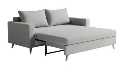 A sleek gray sofa bed with wooden legs, isolated on transparent background, showcasing modern furniture design for versatile living spaces.