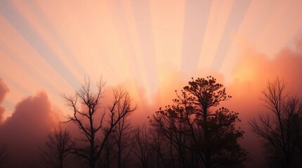 Majestic sunrise or sunset with dramatic crepuscular rays illuminating a cloudy sky above a silhouetted forest.