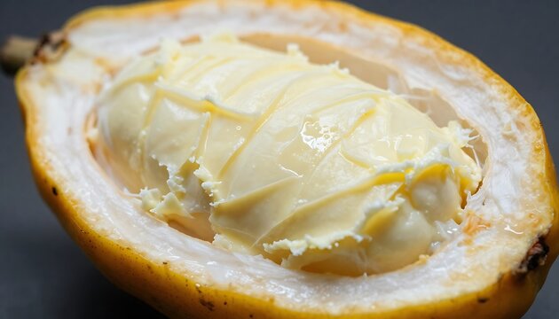 Close up of fresh cacao pod cut open showing white pulp