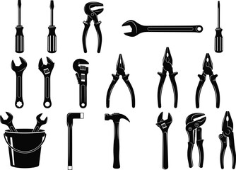 Set of black hand tool silhouettes featuring screwdrivers wrenches pliers and hammer isolated on white background flat vector illustration for construction and home repair DIY concepts