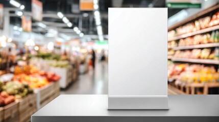Blank vertical acrylic sign holder on counter with blurred supermarket grocery store background