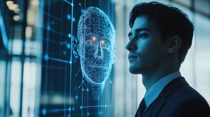 Young Businessman Analyzing Digital Human Face in Futuristic Setting