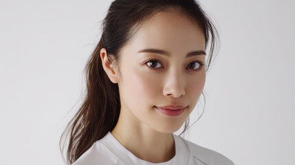 Woman with white shirt and ponytail captured subject shown in portrait with simple attire and hairstyle