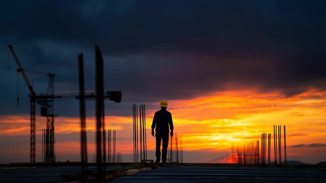 Construction worker walking at sunset on a building site, silhouette against a vibrant sky