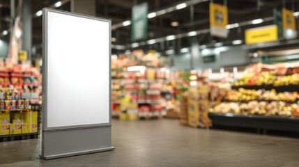 Blank vertical digital signage mockup in blurred supermarket interior for retail advertising