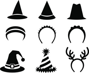 Set of black hat silhouettes featuring witch hats wizard caps reindeer antlers and party headbands isolated on white background flat vector illustration for Halloween and holiday costumes