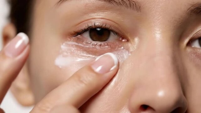 Woman Applies White Cream Under Eye For Skincare Treatment In Bright Studio Setting With Focus On Finger Application And Smooth Skin Texture For