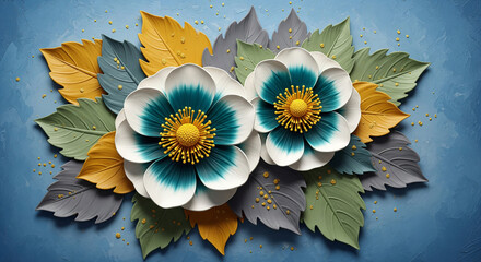 3D bas-relief of white and teal flowers with mustard yellow leaves 3D Wall Mural. floral landscapes. 3d floral art, floral wallpaper, Luxurious textile tile wall art