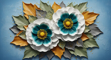 3D bas-relief of white and teal flowers with mustard yellow leaves 3D Wall Mural. floral landscapes. 3d floral art, floral wallpaper, Luxurious textile tile wall art