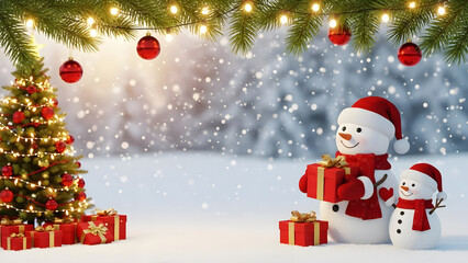 Fototapeta premium A festive Christmas tree decorated with ornaments and lights surrounded by colorful gifts in a joyful winter holiday celebration scene
