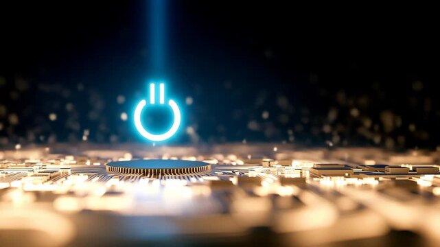 Futuristic glowing power button symbol on a circuit board background for technology themes