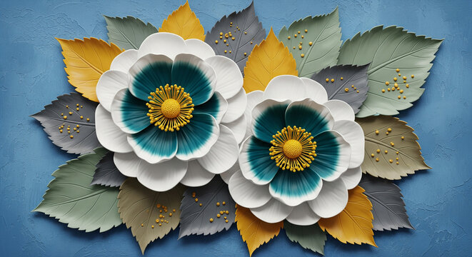 3D bas-relief of white and teal flowers with mustard yellow leaves 3D Wall Mural. floral landscapes. 3d floral art, floral wallpaper, Luxurious textile tile wall art