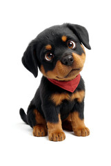 Obraz premium Adorable cartoon Rottweiler puppy with red bandana sitting on white background