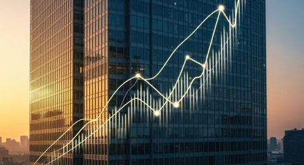 Skyscraper with upward trending graph, sunset backdrop
