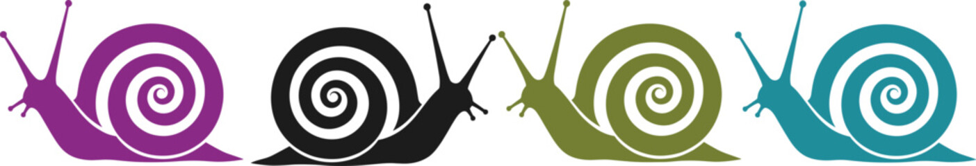 Set of colorful snail silhouettes and line icons featuring purple black green and blue gastropods with spiral shells isolated on white background flat vector illustration for nature and garden themes