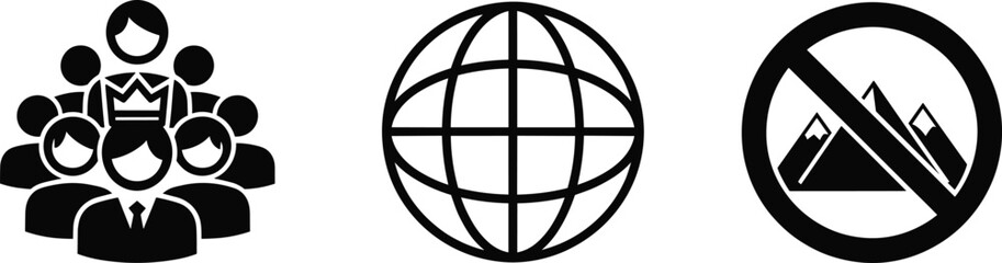 Set of black business leadership icons featuring a team with a crowned leader a global network grid and a prohibited mountain symbol isolated on white background flat vector illustration