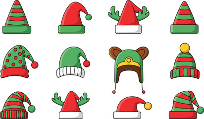 Set of colorful Christmas hats and elf caps featuring red and green stripes reindeer antlers and pom poms isolated on white background flat vector illustration for holiday decor
