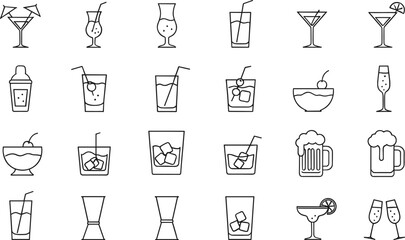 Set of thin line bar and cocktail icons featuring various drink glasses including martini margarita champagne flute beer mug and tropical spirits isolated on white background flat vector illustration