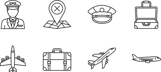 Set of thin line aviation icons featuring pilot silhouettes airplanes airline captain hats flight navigation maps and travel suitcases isolated on white background flat vector illustration