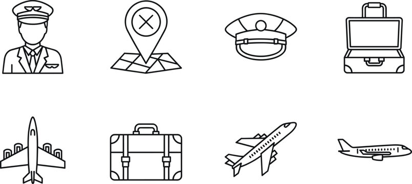 Set of thin line aviation icons featuring pilot silhouettes airplanes airline captain hats flight navigation maps and travel suitcases isolated on white background flat vector illustration