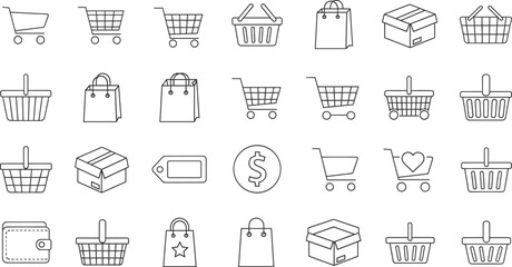 Set of thin line shopping icons featuring various shopping carts baskets paper bags delivery boxes price tags and wallet symbols isolated on white background vector illustration for e-commerce
