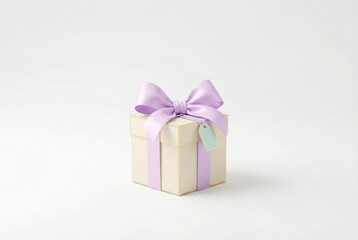 Obraz premium Gift box with purple ribbon and blank tag on white background