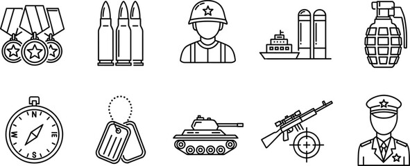 Set of military and army icons featuring soldier silhouettes weapons ammunition tanks grenades and medals isolated on white background thin line vector illustration for defense and tactical concepts