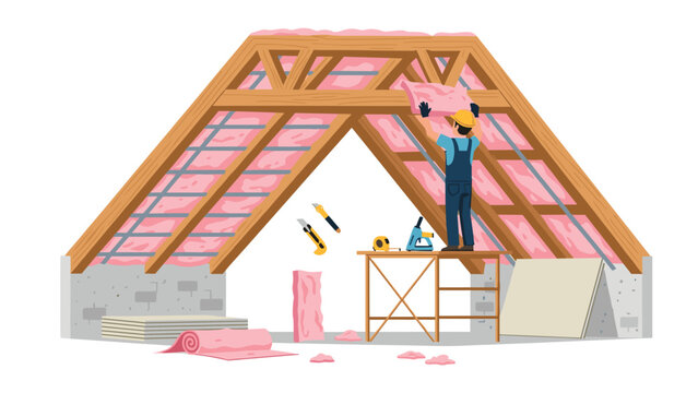 Construction worker installing pink fiberglass insulation in an attic space under the roof rafters for home energy efficiency.