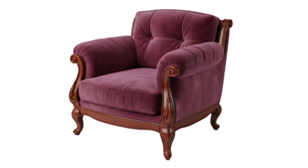 Luxurious maroon armchair with wooden frame isolated on transparent background