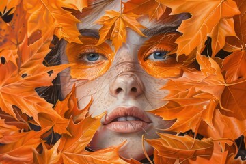 Close up of a woman's face framed by orange autumn leaves