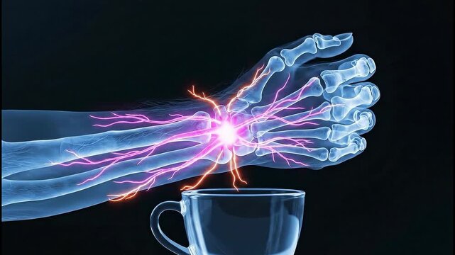 Xray of a human hand with glowing wrist pain holding a glass cup representing medical discomfort and skeletal structure.