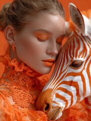 High Fashion Woman with Orange Zebra &ndash; Surreal Animal Portrait Concept.deal for fashion editorials, surreal art collections, conceptual advertising, and creative projects.