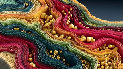 Fototapeta premium Abstract vibrant layered texture with organic spherical elements and flowing colorful waves resembling a microscopic or geological cross-section