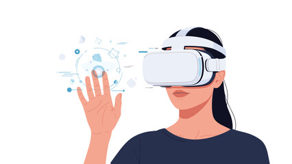 Immersive virtual reality experience allows a woman to interact with digital elements using hand gestures and a vr headset.