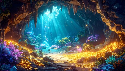 Fototapeta premium Sunlit cave interior teeming with treasure and lush flora, creating an enchanting, fantasy-like scene