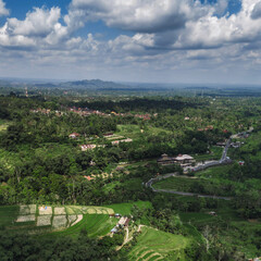 Aerial Drone View Terraced Rice Paddies, Lush Green Contours Cascading Across Jatiluwih Valley Under Bright